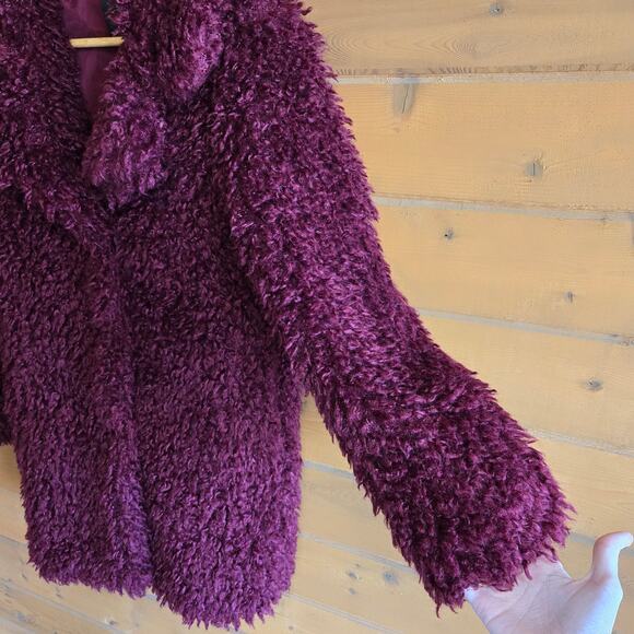 Zara Burgundy Faux Fur Shag Teddy Coat Jacket Small Snap Up Collared Outerwear - Picture 4 of 6